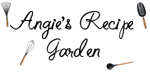 Angie's Recipe Garden logo featuring a pan, garden tools & kitchen tools
