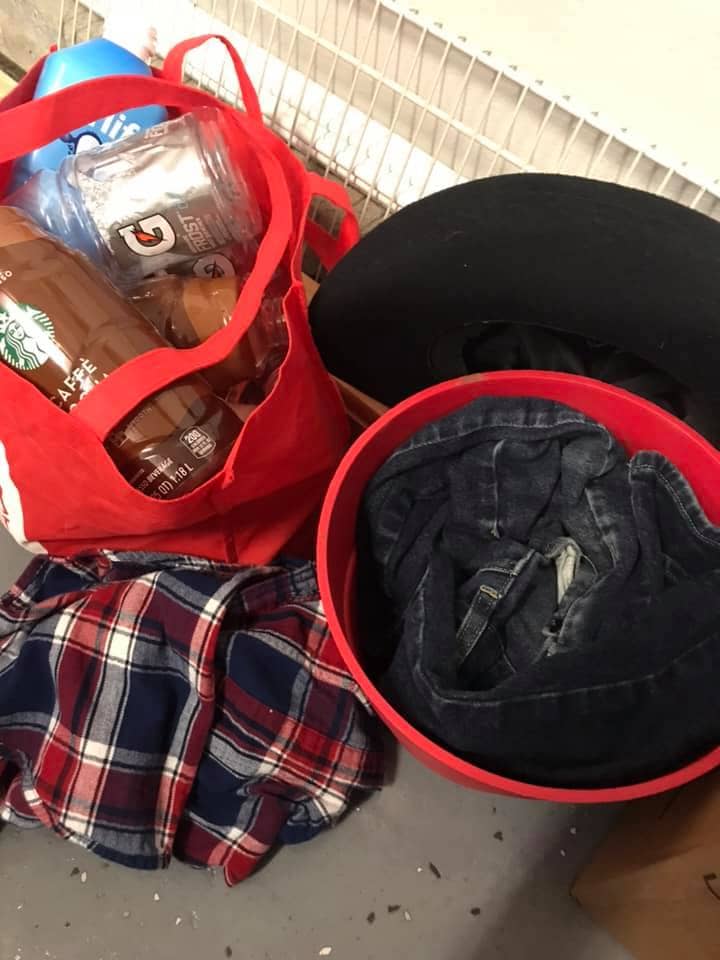 Scarecrow supplies including recycled bottles, cowboy hat, plaid shirt and jeans