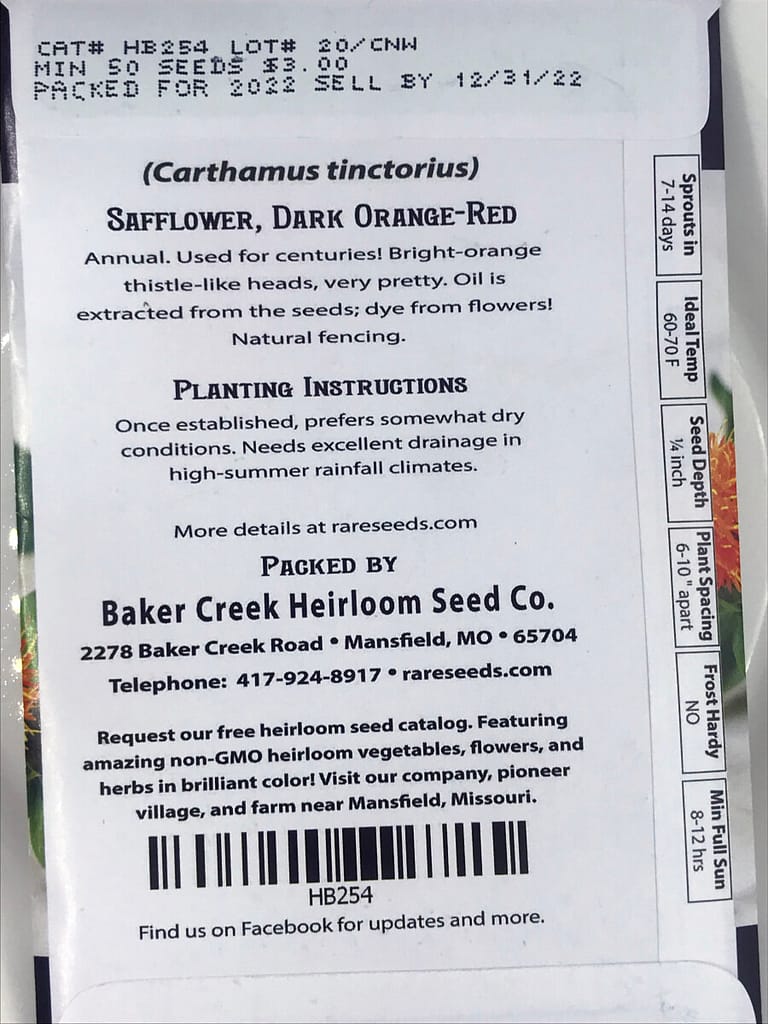 Baker Creek Heirloom Seed - seed packet information
